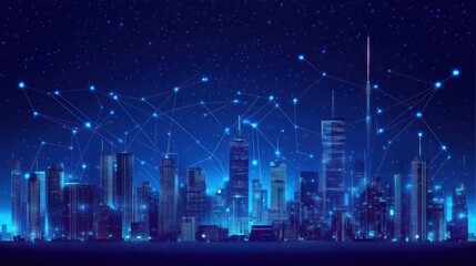 Fototapeta premium Futuristic city skyline at night, interconnected network, urban technology, background