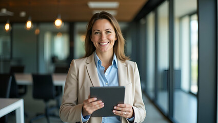 Obraz premium Empowered Gray-Haired Businesswoman with Digital Tablet: A Confident Midlife Leader Merging Style and Authority in a Cute Vector Illustration