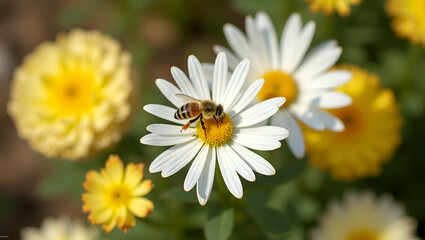 Obraz premium Flat Bee Collecting Nectar from White Chrysanthemum Flowers in Autumn Garden: A Cute Vector Illustration Showcasing Pollination and Natural Beauty