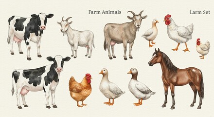 Charming Watercolor Farm Animals: A Rustic Collection of Livestock