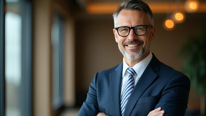 Fototapeta premium Elegant Business Portrait of a Confident CEO: Stylish Mature Executive in Glasses Posing in Office - Perfect for Stock Photos with Space for Text