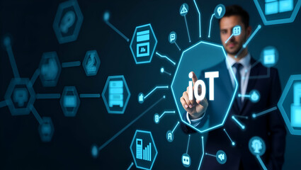 Exploring IoT Technology and Wireless Connectivity: Businessman Engaging with AI, Industrial Automation, Cybersecurity, and Smart Home Solutions in a Dynamic Conceptual Image