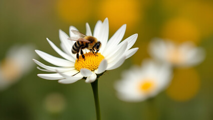 Obraz premium Flat Bee Collecting Nectar from Autumn Chrysanthemums: A Pollination Delight