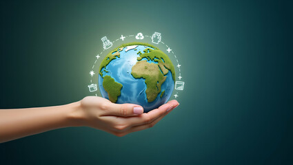 Hand holding holographic globe with sustainability recycling environmental impact icons symbolizing Life Cycle Assessment for eco friendly initiatives in empty space concept as Hand holds holographic 