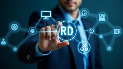 Businessman Engaging with R&D Icons on Digital Interface: A Visual Concept of Innovation Technology and Human Resources for Strategic Growth - Stock Photo with Empty Space for Customization