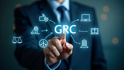 Fototapeta premium Flat Businessman Engaging with GRC Icons on Digital Interface: A Cute Vector Illustration of Governance, Risk Management, Compliance, and Business Ethics in Organizational Management
