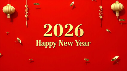 Gold Happy New Year 2026 message with Chinese New Year decorations on red background symbolizing lunar year of snake. concept as Gold Happy New Year 2026 message with Chinese New Year decorations on r