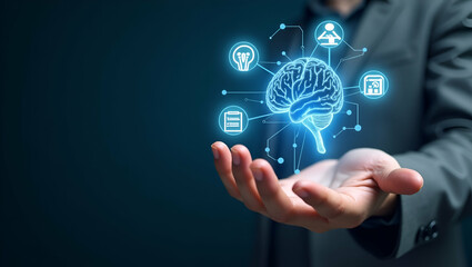 Hand Holding Holographic Neural Processing Unit (NPU) Icons: AI & Machine Learning Symbols Representing Advanced Neural Computing in a Conceptual Photo Stock Image