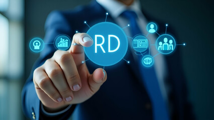 Businessman Engaging with R&D Icons on Digital Interface: A Visual Concept of Innovation Technology and Human Resources for Strategic Growth - Stock Photo with Empty Space for Customization
