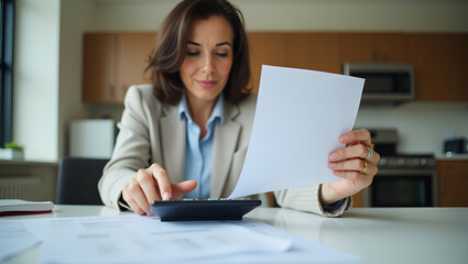 Senior Businesswoman Managing Finances: Budgeting, Tax Planning, and Loan Management at Home Office - Stock Photo Concept with Space for Text