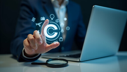 Hand Holding Holographic Copyright Symbol on Laptop Surrounded by Legal Icons and Magnifying Glass - Digital Copyright and Patent Concepts in Empty Space for Stock Photo Use