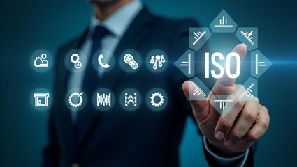 Businessman Interacting with ISO Certification Symbols on Digital Interface: A Visual Representation of Quality Assurance, Global Standards, and International Standardization in Stock Photo Concept