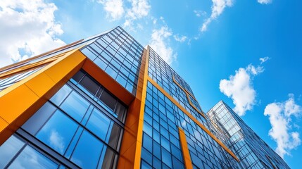 Fototapeta premium Modern glass and orange office building against a bright sky. Low angle shot. Potential stock photo use