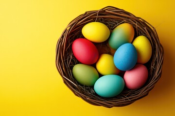 Naklejka premium Colorful Easter eggs in nest, yellow background, spring holiday