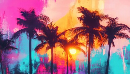 Palm trees silhouetted against a vibrant sunset background