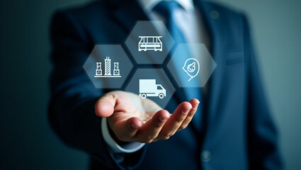 Hand Displaying Holographic Procurement Icons for Logistics and Supply Chain Management: Enhancing Inventory Efficiency and Business Operations in a Conceptual Photo Stock Setting