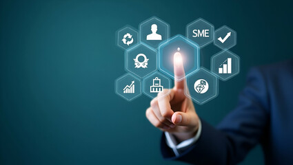 Flat Hand Pointing at Holographic SME Business Growth Icons: A Cute Vector Illustration Representing Growth Strategies and Success for Small and Medium Enterprises in a Smart Business Tone