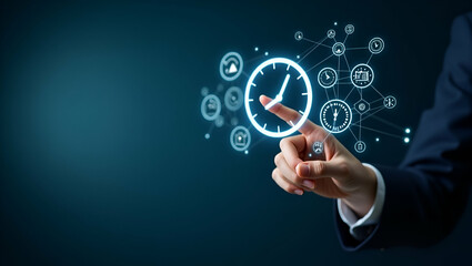 Fototapeta premium Flat Hand interacting with holographic time management interface displaying time project planning target setting task tracking icons representing time management and project planning technology in emp