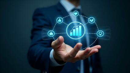 Fototapeta premium Hand Engaging with Holographic Skills Interface: Showcasing Learning, Growth, Teamwork, and Innovation Icons in Empty Space - Stock Photo Concept for Creative Projects