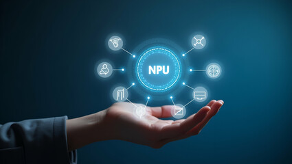 Hand Holding Holographic Neural Processing Unit (NPU) Icons with AI & Machine Learning Symbols: Advanced Neural Computing Concept in Photo Stock with Empty Space for Creative Use