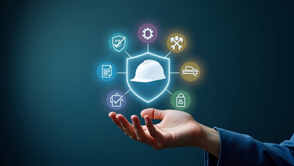Hand Holding Holographic Work Safety Icons: Shield, Hard Hat, Checklist & Health Protocols in Empty Space