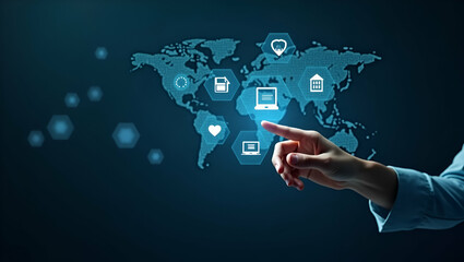 Fototapeta premium Hand interacting with holographic e learning interface displaying global education learning resources icons in empty space concept as Hand interacts with holographic e learning interface showcasing gl