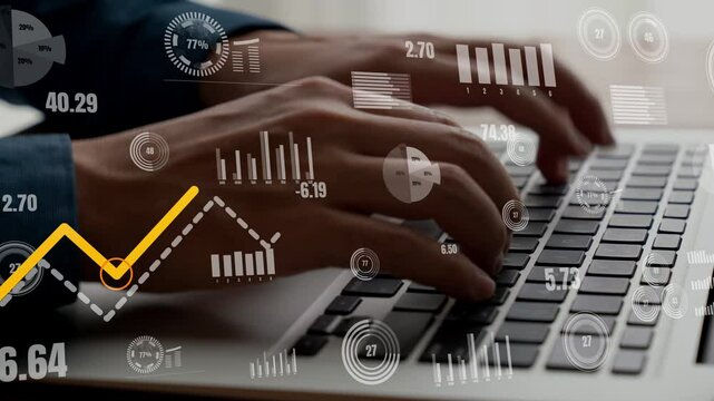 Businessman uses capable laptop computer to analyse business data analytic for marketing strategy and customer relationship management