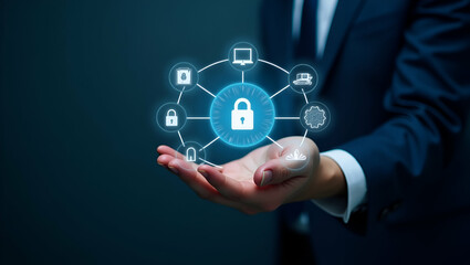 Obraz premium Hand Holding Holographic Zero Trust Security Model Interface Surrounded by Cybersecurity Icons: Emphasizing Secure Network Access in a Conceptual Photo Stock with Empty Space