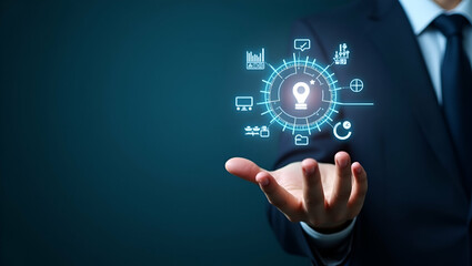 Hand Reviewing Holographic Business Audit Device: Compliance Data Analysis Icons in Empty Space