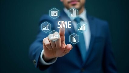 Flat Hand pointing at holographic SME business growth icons with various business related symbols representing growth strategy success of small and medium sized enterprises in empty space concept as H