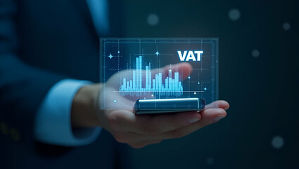 Exploring VAT Implications on Imports: A Flat Hand Interacting with a Holographic Device in a Simple, Cute Vector Illustration for International Trade Taxation Insights