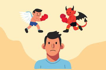 decision making concept, small angel fighting  small devil above head of man,  mix feeling of fear wondering suspicious stress,  cartoon vector 