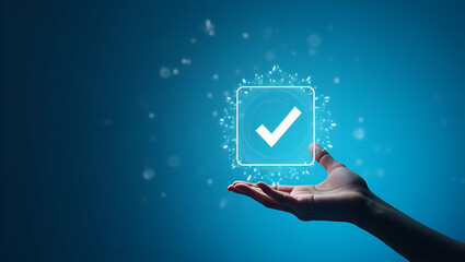 Hand Holding Holographic Checkmark with Quality Assurance Icons