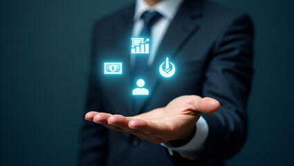 Flat Hand Showcasing Holographic AML Icons for Financial Compliance
