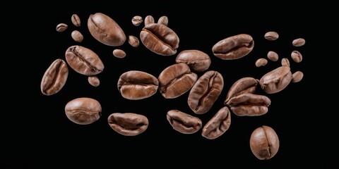 Obraz premium Scattered Coffee Beans on Black Background Varied Sizes, Freshly Roasted, TopDown View