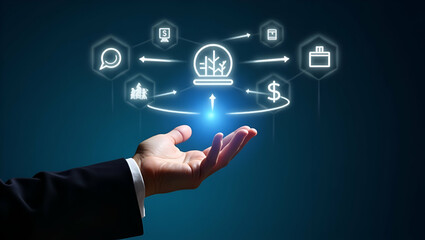 Flat Hand interacting with holographic expense reporting tools for profit and loss with empty space background concept as A hand using holographic reporting tools to generate expense reports integrati