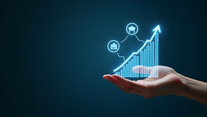 Hand Holding Holographic Franchise Growth Device: Visualizing Expanding Store Icons and Upward Trend Graph for Effective Franchise Expansion Strategies in Stock Photo Concept