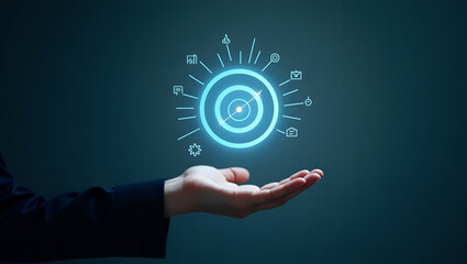 Flat Hand presenting holographic targeting icon symbolizing sales targeting in marketing within empty space background concept as A hand showcasing holographic targeting icon representing sales target