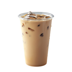 Chilled iced coffee in a clear plastic cup, filled with ice and creamy beverage, perfect for refreshment. isolated on white background and transparent background