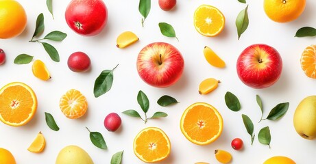 Colorful fruit pattern, healthy food flat lay, white background, food photography, recipe website