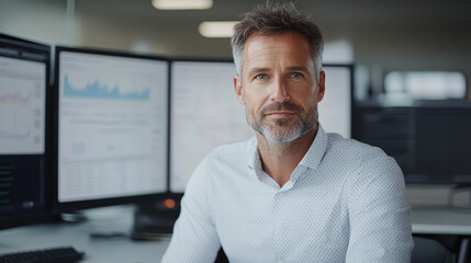 business professional analyzing financial data in modern office environment
