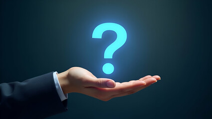 Flat Hand Showcasing Holographic Interview Strategy Symbols: A Minimalist Approach to Interview Questions