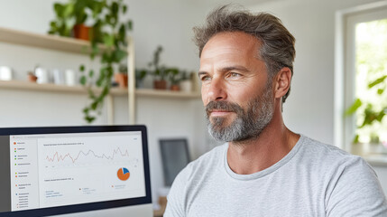 focused professional analyzing data trends on computer screen in modern workspace