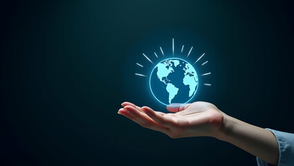 Hand Presenting Holographic Investment Climate Change Symbol: A Visual Representation of Climate Change Investments Against a Minimalist Background with Empty Space for Stock Photo Use
