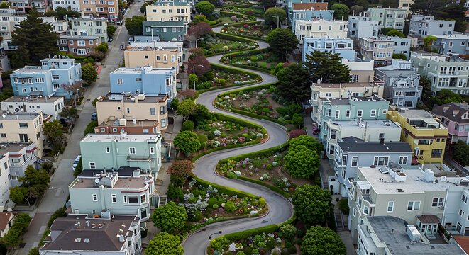 Aerial View of Lombard Street San Francisco Curvy Road with Greenery