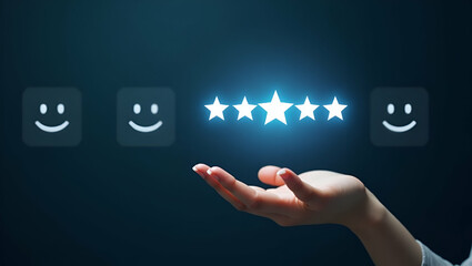 Hand Giving Five Star Holographic Rating on Customer Satisfaction Survey Interface with Smile Face Icons - Excellent Service Concept with Empty Space for Stock Photos