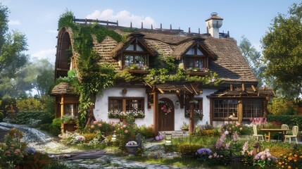 Fototapeta premium A charming cottage-style home with a thatched roof, ivy climbing up the walls, and flower-filled garden beds 