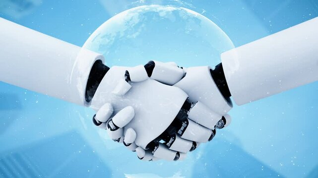 3D rendering hominoid robot handshake to collaborate future technology development by AI thinking brain, artificial intelligence and machine learning process for 4th industrial revolution.
