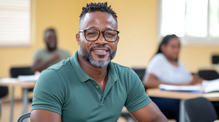 Obraz premium Empowered man smiling in classroom setting, showcasing confidence and engagement