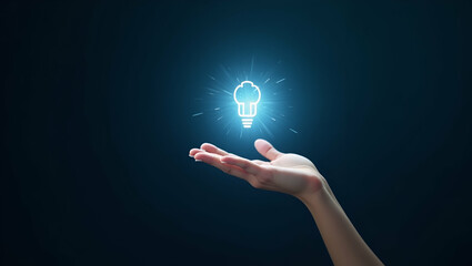 Flat Hand presenting holographic business insight strategy technology symbol in empty space background concept as A hand showcases holographic business insight strategy technology symbol illustrating 